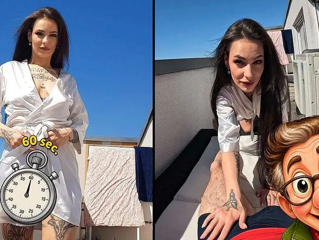 Old-Guy´s-60sec-Appetizer: Old-Guy knallt Tattoo-MILF auf der Terrasse fickt sie auf dem Tisch durch