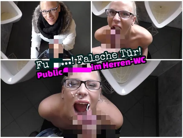 Schwanzgeil im öffentlichen Herren WC - Blowjob Quickie mit Brillen Facial