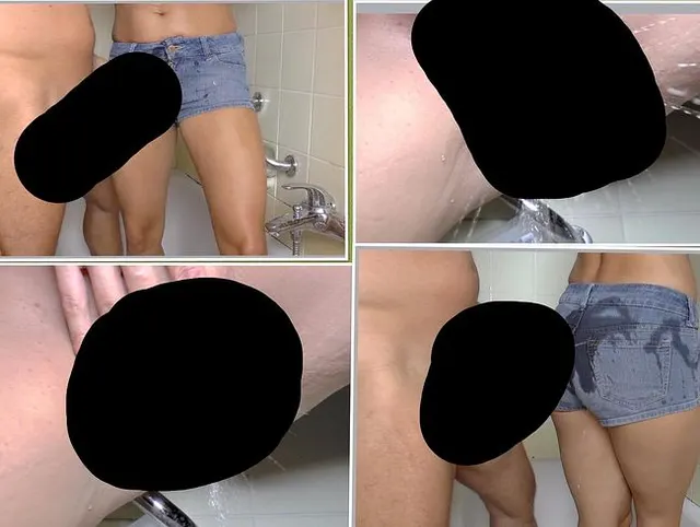 Teenie Lady auf ihre Jeans Hot Pants gepisst und selber das Piss Fötzchen laufen lassen