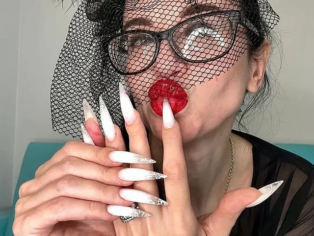 White Long Nails and a hat with a veil on my face, face and lips worship
