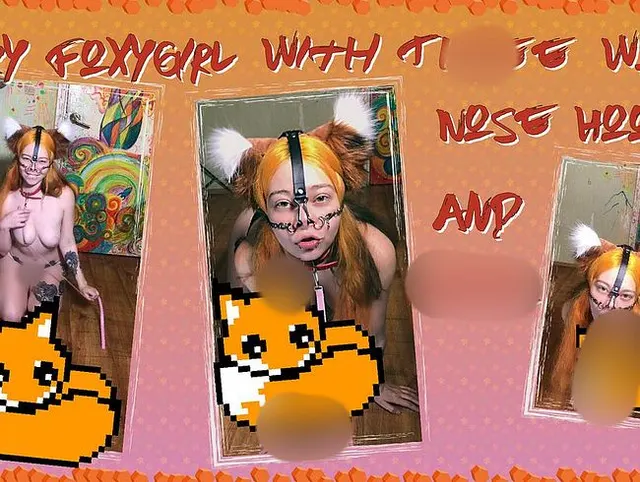 Pelziges, fuchsiges Mädchen mit Dreiwege-Nasenhaken, Blowjob-Dildo und Reiten auf ihm.