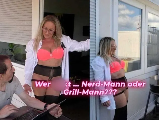 Nerd und Grill Mann ... wer schaut zu und wer Fickt mich vor meinem Nachbarn!!