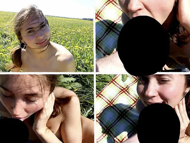 Frau Melken meinen Schwanz auf dem Feld mit Blumen