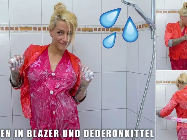 Duschen im roten Blazer und pinken Dederonkittel