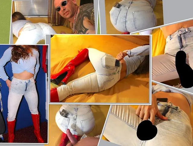 Teenie Braut in Skinny High Waist Jeans mit Handy in der Artasche wichsend im Dirty Talk
