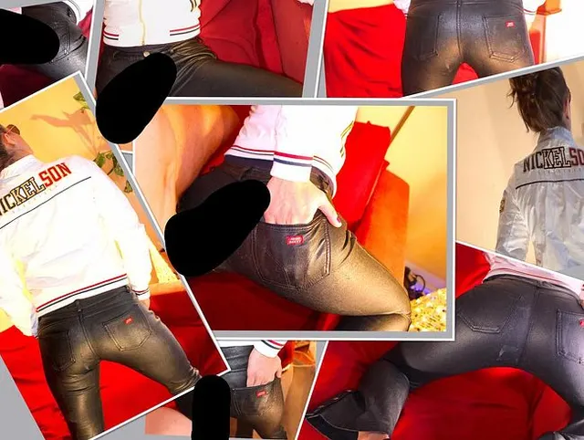 Geile Lederbraut in High Heels und Lackjacke voll gespritzt , die etwas andere Kamera Ansicht
