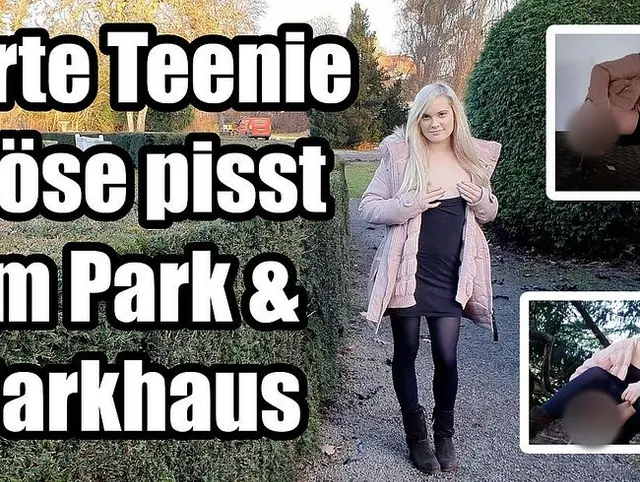 Vorschau aus Natursekt: Zarte Teenie Möse pisst im Park & Parkhaus - Schmale Lippen und Goldener Strahl