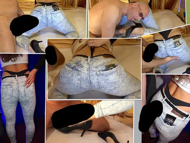 Teenie Braut mit String in der Skinny Jeans und Handy in der Jeans Arschtasche