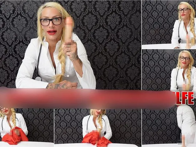 Frau Doktor gibt Wichsnachhilfe - Raschelig mit einem roten Nylonkittel