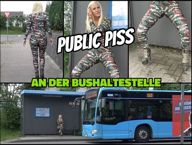 PUBLIC PISS | Haltestelle im hautengen Fick Anzug nass gepisst